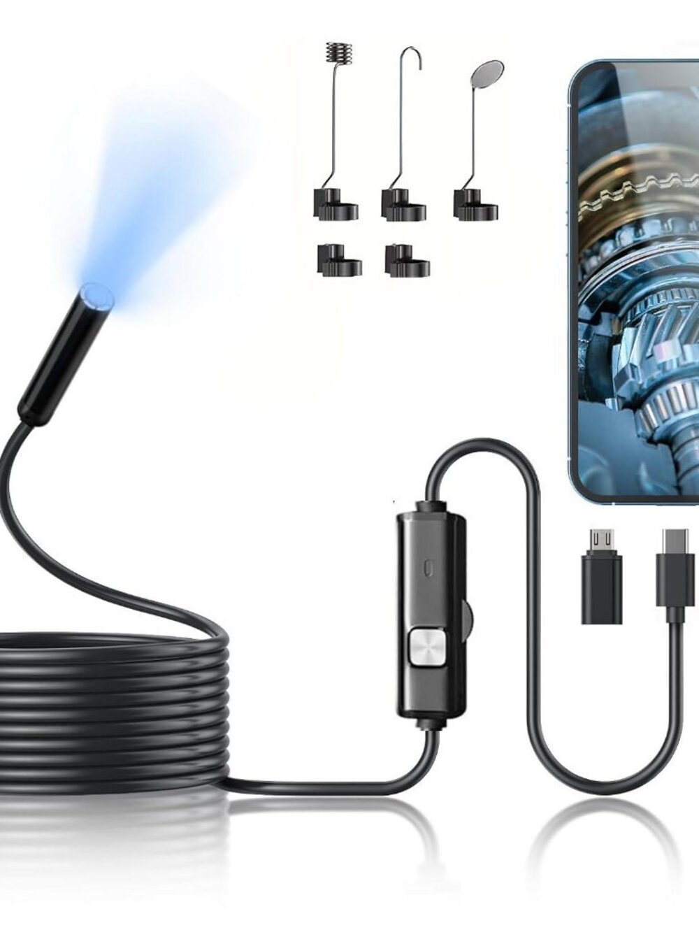 Borescope with Light, Industrial Endoscope Inspection Camera with 6 Accessories